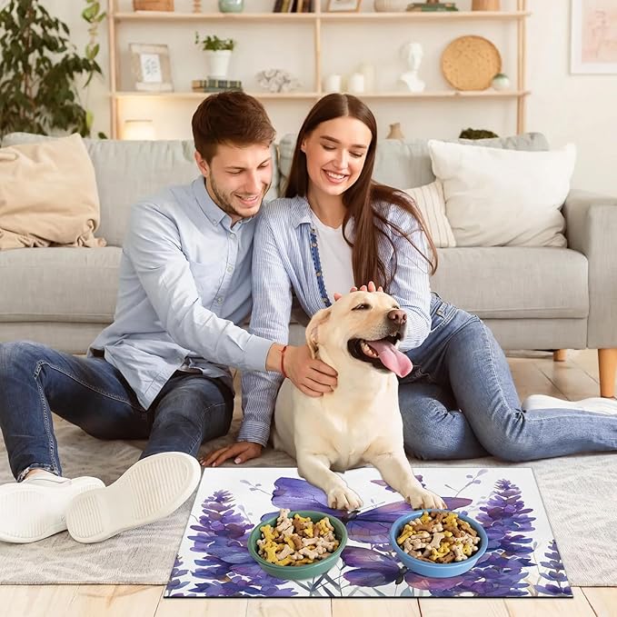 Purple Butterfly Dog Food Mat for Floors Absorbent, Quick Dry Water Dispenser Mat for Food, Water, Pet Supplies 16" x 24", Lavender Floral