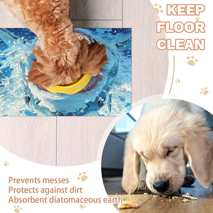 Sharks Dog Food Mat for Floors Absorbent Dog Bowl Mat for Food and Water Dispenser Quick Dry Cat Food Placemat Pet Supplies 12" x 20", Sea Ocean