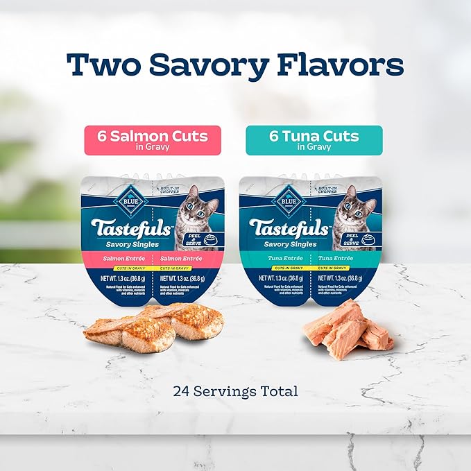 Blue Buffalo Tastefuls Savory Singles Natural Wet Cat Food Cuts in Gravy, Salmon and Tuna Variety Pack, 2.6-oz. Trays, 12-Count