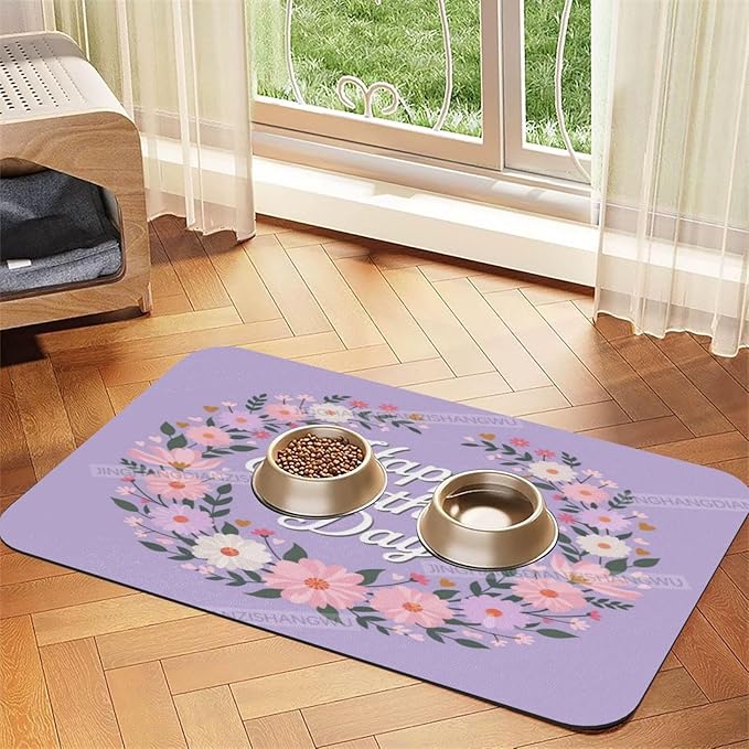 Pet Feeding Mat for Floors Waterproof Dog Mat for Food and Water Happy Mother's Day Floral Gift Mom Ez Absorbent Quick Dry Non Slip Mats Cat Bowls 24x16In