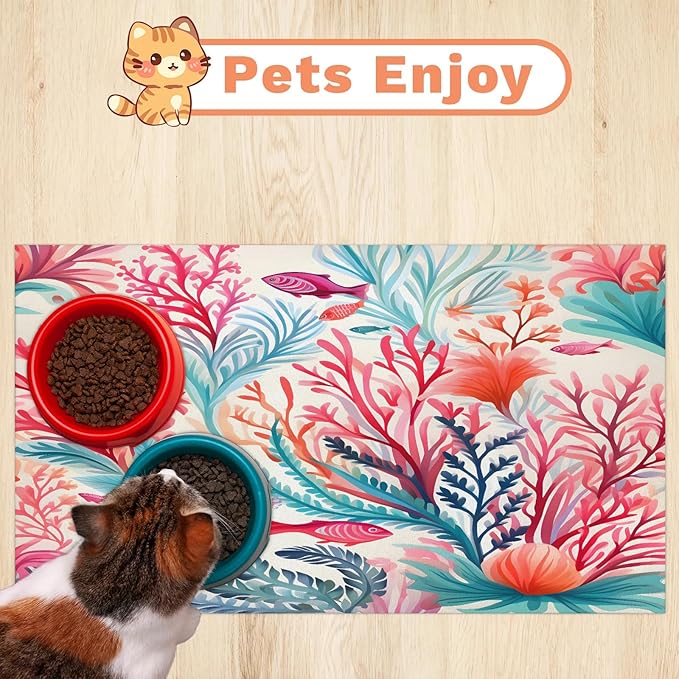 Watercolor Corals Dog Food Mat for Floors Absorbent Dog Bowl Mat for Food and Water Dispenser Quick Dry Cat Food Placemat Pet Supplies 17" x 30", Colorful Nautical