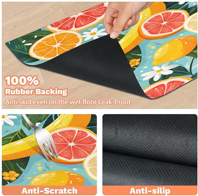 Lemon Flower Dog Food Mat for Floors Absorbent Dog Bowl Mat for Food and Water Dispenser Quick Dry Cat Food Placemat Pet Supplies 17" x 30", Summer Leaves