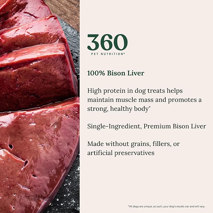 360 Pet Nutrition Freeze Dried Complete Multi Protein Meal for Adult Dogs, High Protein, Omega 3's, No Fillers, Made in The USA + Bison Liver Treat