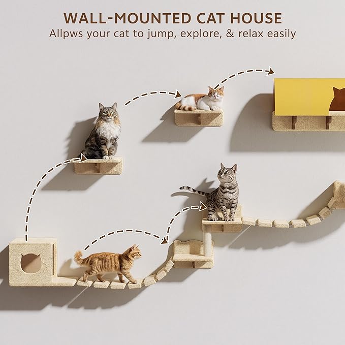 26-in-1 Cat Wall Shelves, Wall Mounted Pet Furniture w/Plush Fabric, Cat Climbing Wall System, 63'' Cats Tower w/Scratching Posts, Cats Shelf with 40''L Tunnel, Condos, House, Step and Ladder
