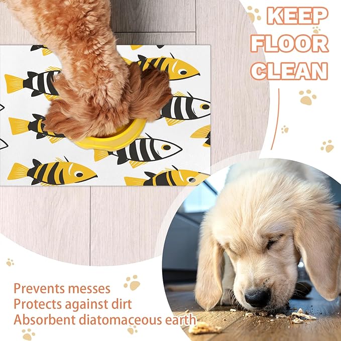 Fish Dog Food Mat for Floors Absorbent Dog Bowl Mat for Food and Water Dispenser Quick Dry Cat Food Placemat Pet Supplies 12" x 20", Ocean