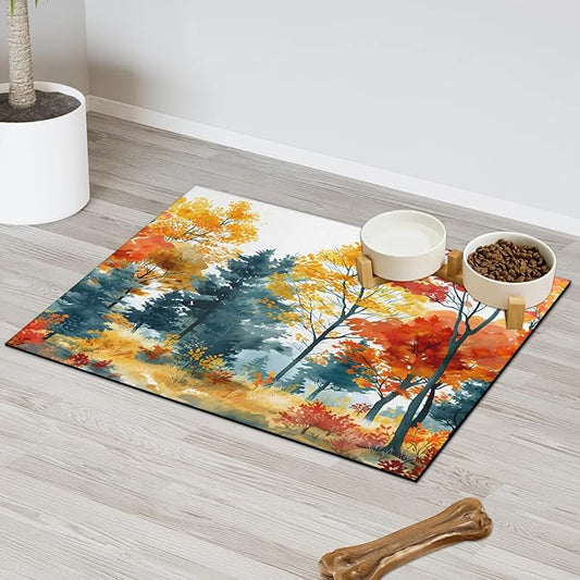 Fall Forest Dog Food Mat for Floors Absorbent, Quick Dry Water Dispenser Mat for Food, Water, Pet Supplies 24" x 32", Maple Tree