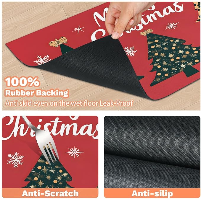 Merry Christmas Dog Food Mat for Floors Absorbent, Quick Dry Water Dispenser Mat for Food, Water, Pet Supplies 24" x 32", Xmas Tree