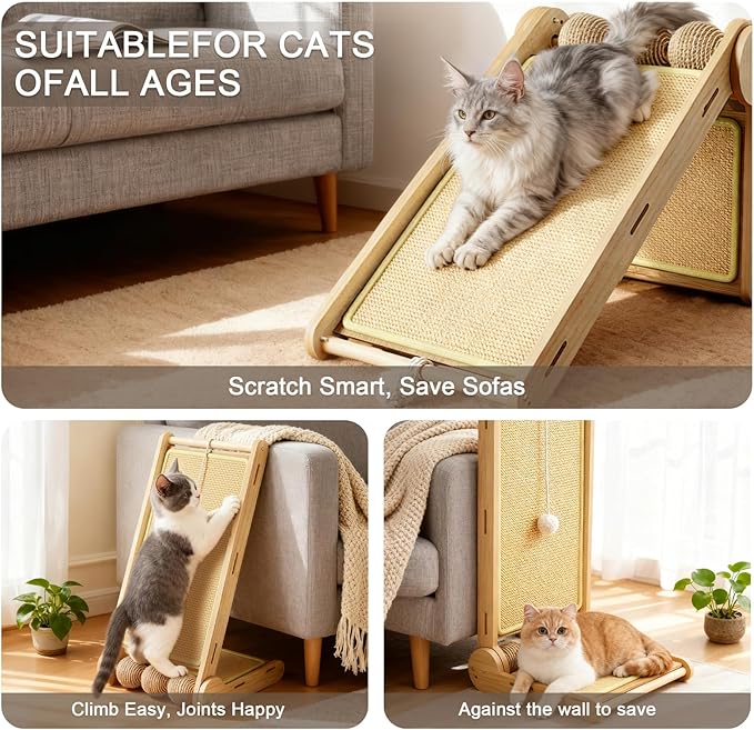 Sisal Cat Scratcher L Shaped for Indoor Cats,23.6in Cats Scratching Post Climbing Vertical Ramp Scratching Board for Wall,Natural Sisal Cat Scratch Pad,Solid Wooden Modern Cat Furniture