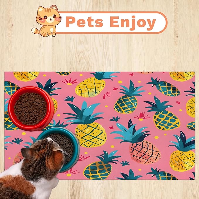 Pineapple Dog Food Mat for Floors Absorbent Dog Bowl Mat for Food and Water Dispenser Quick Dry Cat Food Placemat Pet Supplies 17" x 30", Cute Fruit Colorful