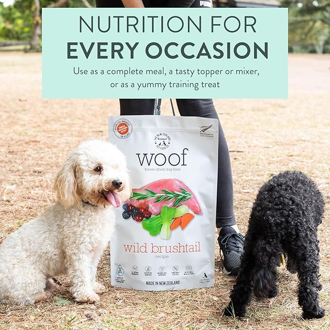 The New Zealand Natural Pet Food Co. Woof Wild Brushtail Freeze Dried Raw Dog Food, Mixer, or Topper, or Treat - High Protein, Natural, Limited Ingredient Recipe - 9.9 oz