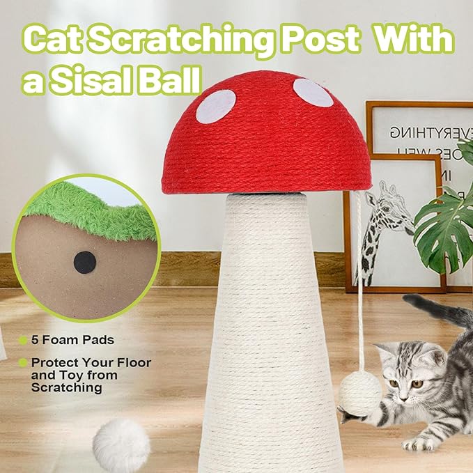 Mushroom Cat Scratching Post Cat Tree, Cute Cat Scratcher Tower with Interactive Ball Two-Layer Track Spring Ball Toys, Mushroom Scratch Post Cat Sisal Scratcher with Catnip for Indoor Cats