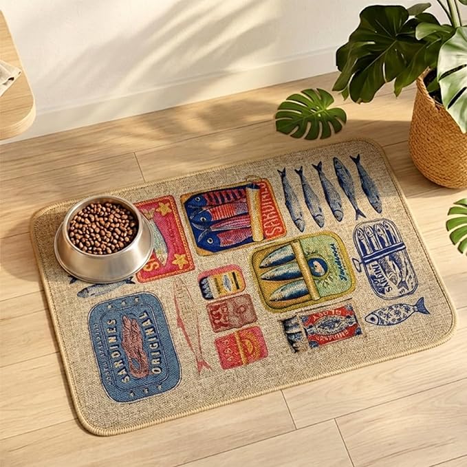 Dog Food Mats for Floors, Waterproof Quick Dry for Cat Bowl Food and Water, Eco-Friendly Accessories Pet Supplies(12"x20", Canned Fish)