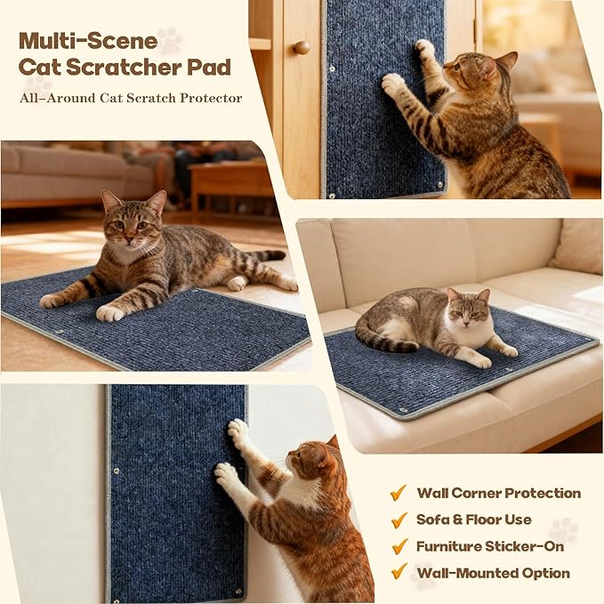 Corner Cat Scratcher & Wall Cat Scratcher - Double-Sided Usable Thick Carpet Pad, Edge-Wrapped Design for Durability, 2 Installation Ways - Indoor Cat Scratching Post for Furniture & Wall Protection
