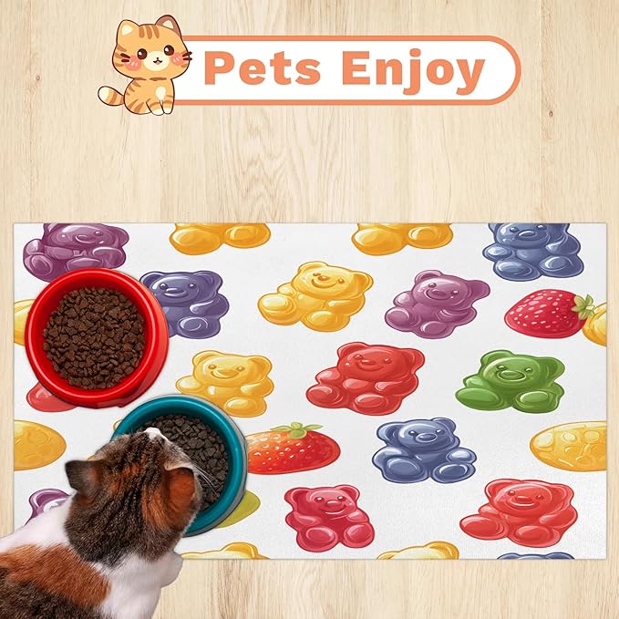 Bears Candy Dog Food Mat for Floors Absorbent Dog Bowl Mat for Food and Water Dispenser Quick Dry Cat Food Placemat Pet Supplies 24" x 32", Colorful Fruit