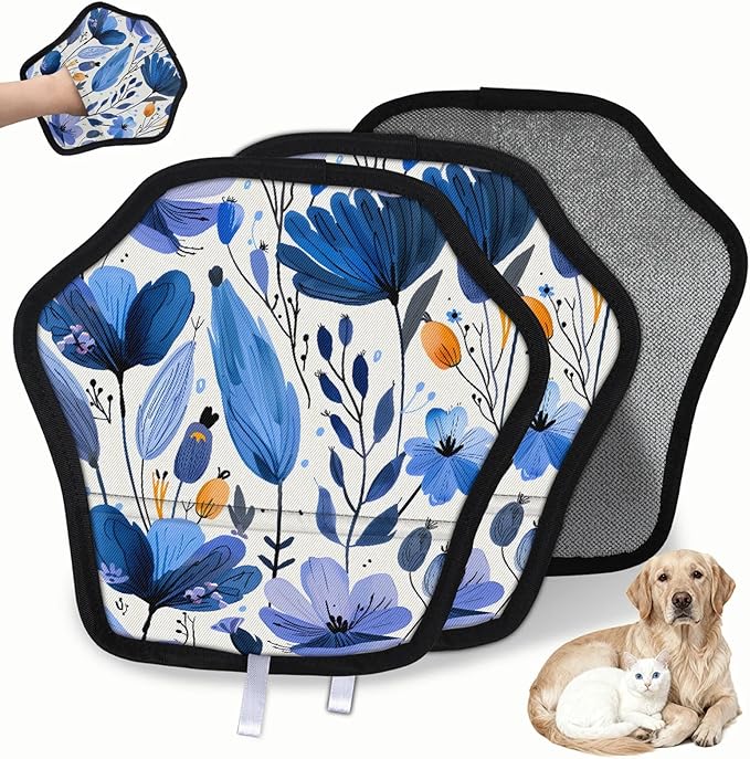 Reusable Pet Hair Removal Glove Blue Flowers Floral Magic Brush for Cat & Dog Hair Remover for Car, Sofa, Bedding, Clothes - 9x9 Mitt Washable
