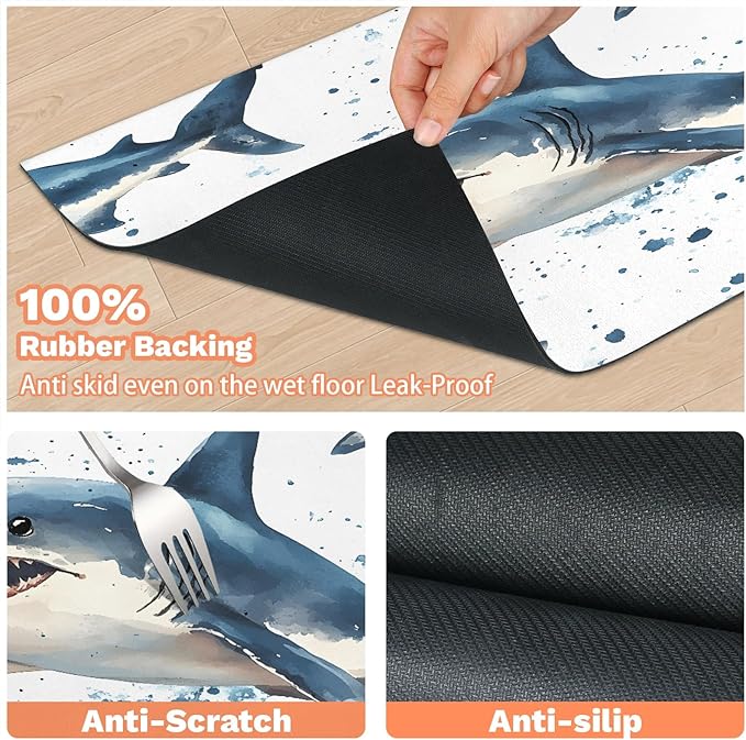 Nautical Sharks Dog Food Mat for Floors Absorbent Dog Bowl Mat for Food and Water Dispenser Quick Dry Cat Food Placemat Pet Supplies 17" x 30", Ocean Sea