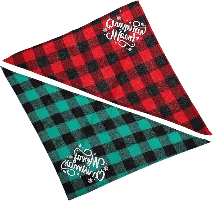 HOMSFOU Christmas Plaid Dog Bandanas 2pcs, Triangle Pet Scarves with Holiday Print, Festive Red and Green Cotton Blend, Christmas Supplies for Dogs and Puppies