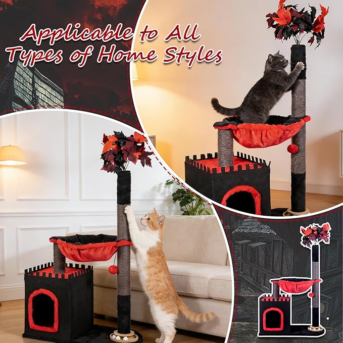 Cat Tree 38" Tower with Large Hammock, Scratching Post for Indoor Cats with Condo, Cat Furniture Track Balls and Bouncy Ball, Red Black