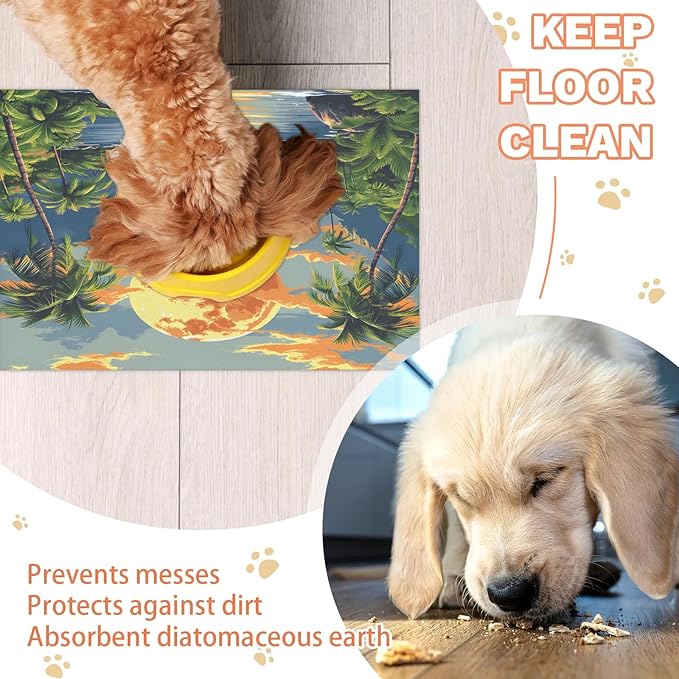 Sea Ocean Dog Food Mat for Floors Absorbent, Quick Dry Water Dispenser Mat for Food, Water, Pet Supplies 17" x 30", Palm Tree