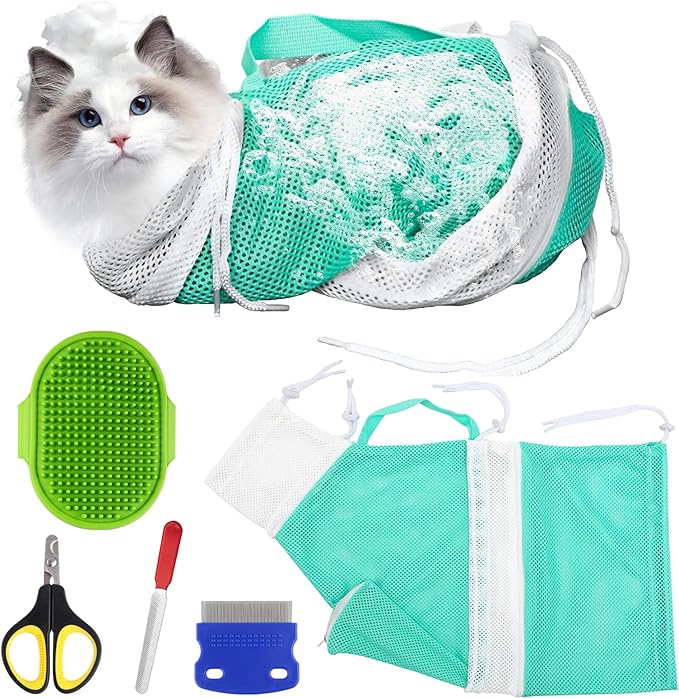 Cat Bathing Bag, Cat Shower Net Pet Bag, Cat Grooming Washer Mesh Bag, Adjustable Breathable Multifunctional Anti-Bite and Anti-Scratch Restraint Bag with Pets Nail Clippers for Cat's Bathing