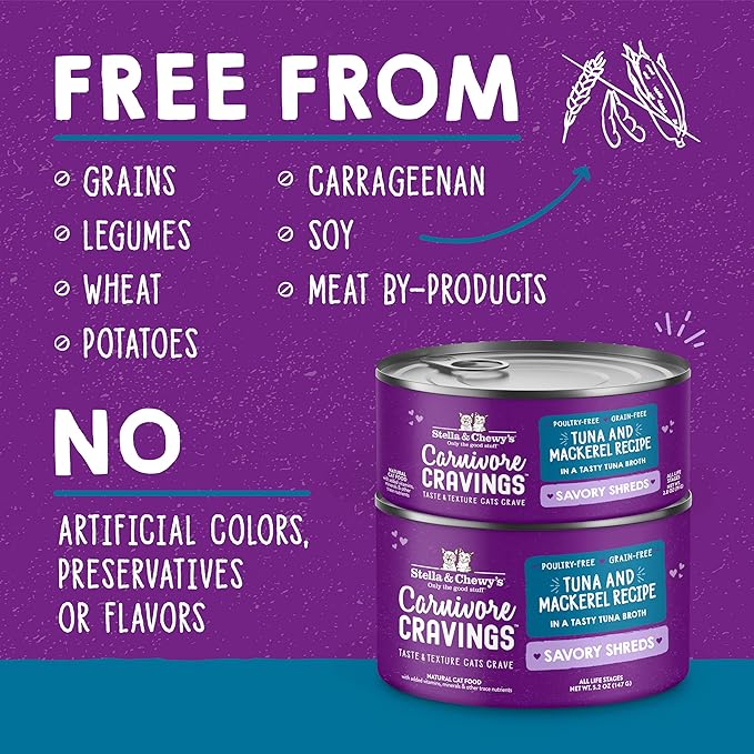 Stella & Chewy's Carnivore Cravings Savory Shreds - Wet Cat Food - High-Moisture Formula with Wild-Caught Tuna & Mackerel - Perfect for Picky Eaters - 2.8 oz, 24 Count