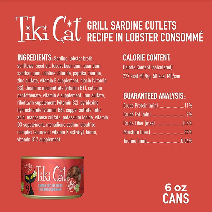 Tiki Cat Grill Wet Cat Food, Sardine Cutlets, 6 oz. Cans (8 Count)