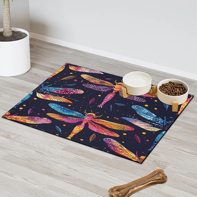 Watercolor Dragonfly Dog Food Mat for Floors Absorbent, Quick Dry Water Dispenser Mat for Food, Water, Pet Supplies 12" x 20",