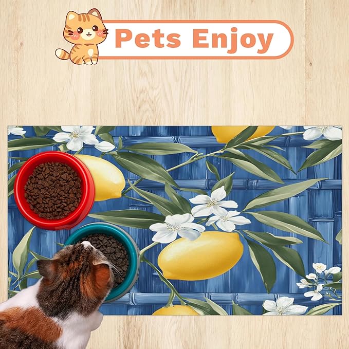 Lemon Dog Food Mat for Floors Absorbent Dog Bowl Mat for Food and Water Dispenser Quick Dry Cat Food Placemat Pet Supplies 24" x 32", Leaves Flower