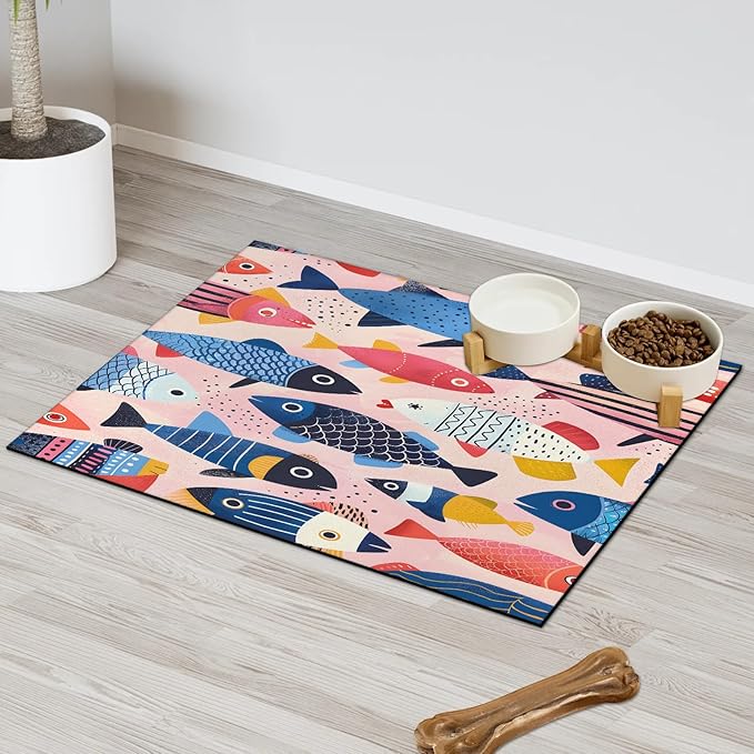 Watercolor Fish Dog Food Mat for Floors Absorbent Dog Bowl Mat for Food and Water Dispenser Quick Dry Cat Food Placemat Pet Supplies 16" x 24", Ocean