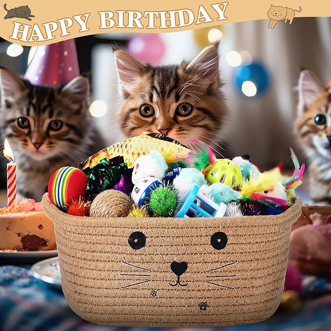 Zopeal 58 Pcs Easter Cat Storage Basket Gift Toys Set, Colorful Flashing Balls Pet Bell Crinkle Balls Spring Toys Attract Cat to Swat, Hunt, Interactive for Pet(Khaki,9.8 Inch)