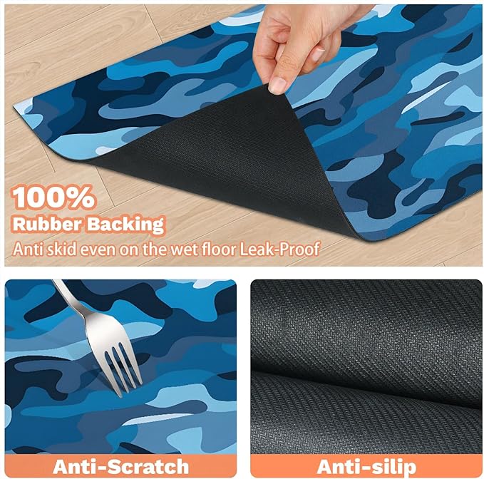 Blue Camouflage Dog Food Mat for Floors Absorbent Dog Bowl Mat for Food and Water Dispenser Quick Dry Cat Food Placemat Pet Supplies 17" x 30", Camo