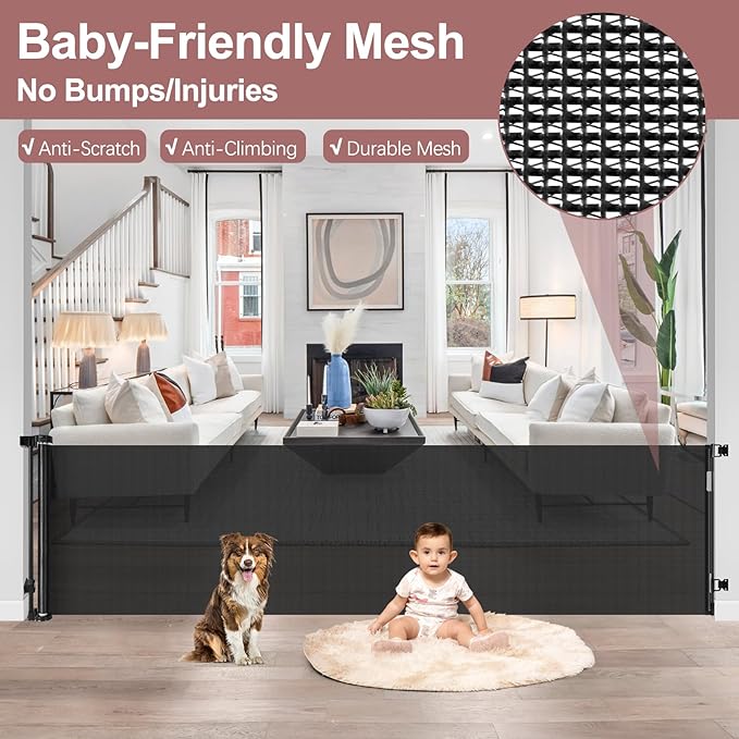 85 Inch Extra Wide Retractable Baby Gate Indoor Extra Long Baby Gate Outdoor Extra Large Dog Gate Child Gates for Wide Openings Mesh Pet Gate for Stairs Dog Gates for Doorways, Porches, Black
