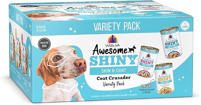 Weruva Awesome Shiny Wet Dog Food, Coat Crusader Variety Pack, 14oz Can (Pack of 9)