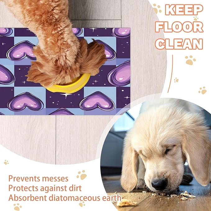 Love Heart Dog Food Mat for Floors Absorbent, Quick Dry Water Dispenser Mat for Food, Water, Pet Supplies 17" x 30", Buffalo Plaid