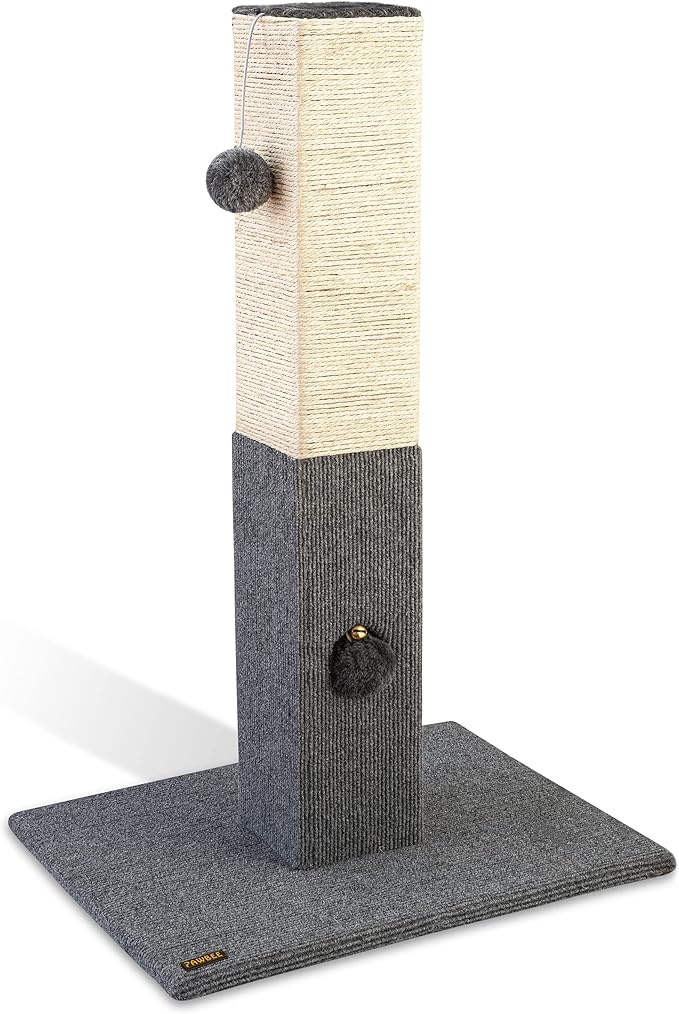 Pawbee 32" Cat Scratching Post with Jingle Bell and Softball, Sisal Rope Tower for Indoor Adults Large Cats, Gray & Beige