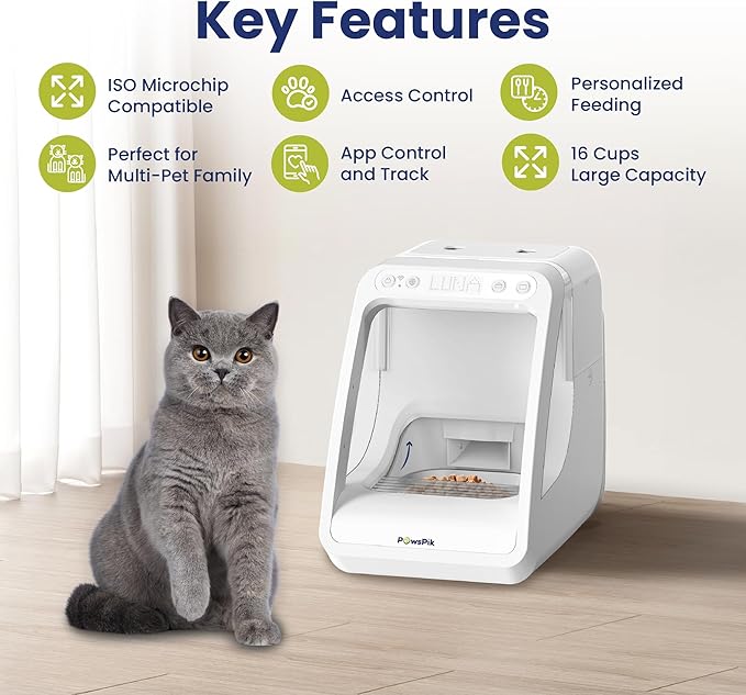 PawsPik Automatic Microchip RFID Cat Feeder,16-Cup, ISO Microchip & PawsPik RFID Tag Compatible, App Control, Portion Control