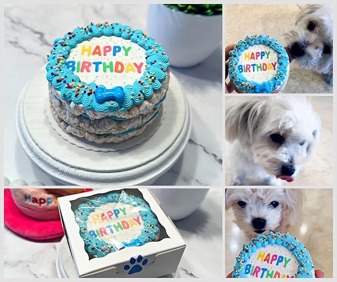 Crispy Vanilla Blue Dog Birthday Cake- Edible Puppy Party Crispy Vanilla Rice Cake- Handmade with Love- Perfect Dog Party Cake Boxed, Iced and Decorated