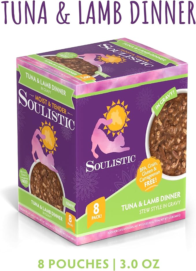 Soulistic Moist and Tender, Tuna and Lamb Dinner in Gravy, 3oz Pouch, Pack of 8
