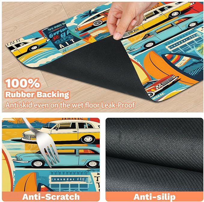 Boho Car Dog Food Mat for Floors Absorbent, Quick Dry Water Dispenser Mat for Food, Water, Pet Supplies 16" x 24", Retro Car
