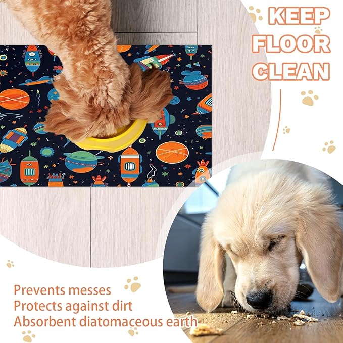 Outer Space Dog Food Mat for Floors Absorbent, Quick Dry Water Dispenser Mat for Food, Water, Pet Supplies 17" x 30", Rocket Planets
