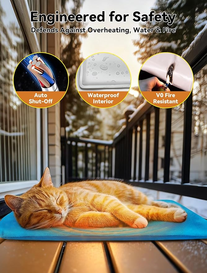 Outdoor Pet Heating Pad for Dog & Cat, Multi-Size Waterproof Heated Cat Dog Bed for Outside, Pet Heater Warmer Mat Blanket with Chew Resistant Cord for Senior Dog Cat House Whelping Box,Blue,24" x 36"
