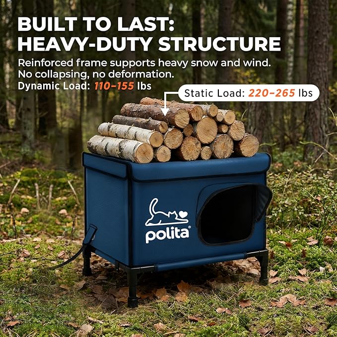 Polita Indestructible Heated Cat House for Outdoor Cats All Seasons, Extremely Insulated & 100% Weatherproof, Elevated Feral Cat Shelter with Waterproof Eaves &Safe Escape Door for Stray & Barn Cats