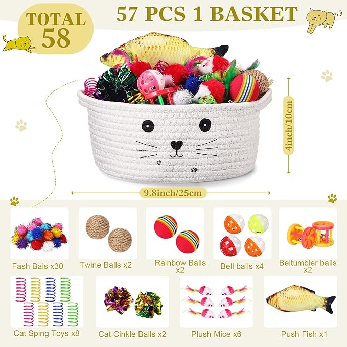 Zopeal 58 Pcs Easter Cat Storage Basket Gift Toys Set, Colorful Flashing Balls Pet Bell Crinkle Balls Spring Toys Attract Cat to Swat, Hunt, Interactive for Pet(White,9.8 Inch)