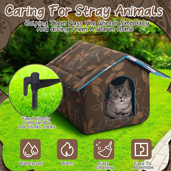 Cat House Outdoor Waterproof Houses for Feral Cats Dogs Pet Shelter Collapsible Dog House with Self Warming Pad Blanket, 3 Pcs Tent Stakes (18 x 17 x 16 Inch)