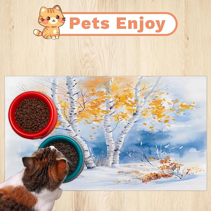 Deciduous Trees Dog Food Mat for Floors Absorbent, Quick Dry Water Dispenser Mat for Food, Water, Pet Supplies 17" x 30", Winter Scenery