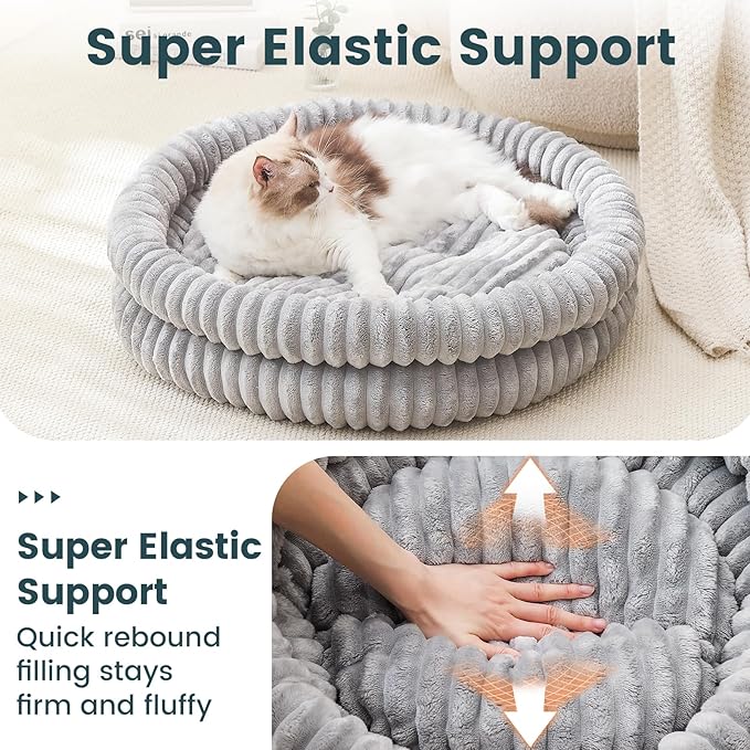 Donut Pet Bed for Cats & Small Dogs, Fluffy Warm Round Bed, Machine Washable with Anti-Slip Bottom, Indoor Use, Gray, 28"x28"x5"