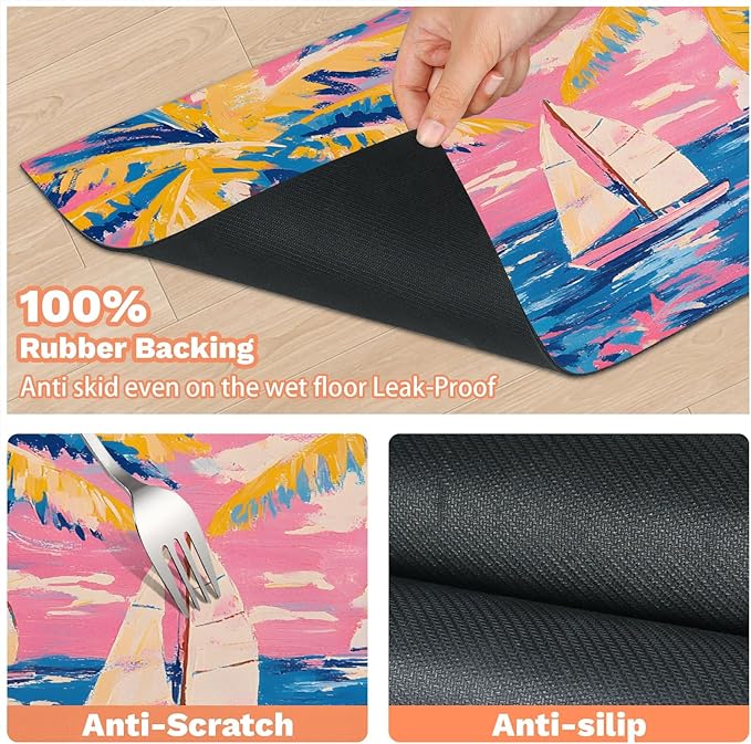Palm Tree Dog Food Mat for Floors Absorbent, Quick Dry Water Dispenser Mat for Food, Water, Pet Supplies 24" x 32", Colorful Sailboat