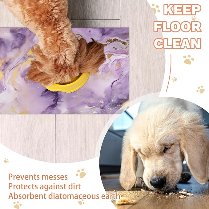 Purple Marble Dog Food Mat for Floors Absorbent, Quick Dry Water Dispenser Mat for Food, Water, Pet Supplies 17" x 30", Abstract