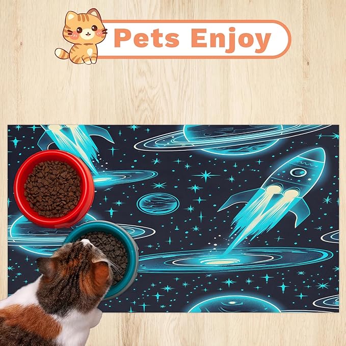 Cartoon Spaceship Dog Food Mat for Floors Absorbent, Quick Dry Water Dispenser Mat for Food, Water, Pet Supplies 12" x 20", Outer Space