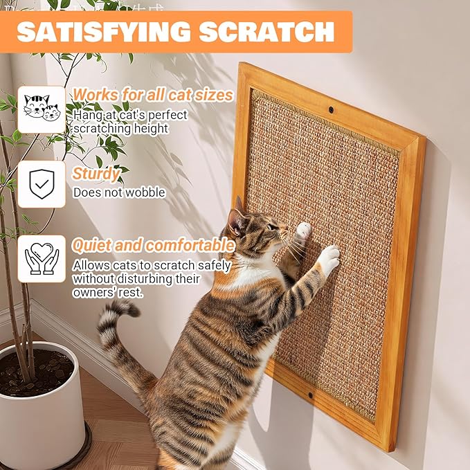Extra Large Wall Mounted Cat Scratching Post, Wooden Sisal Panel Scratcher, Natural Wood Frame with Durable Sisal Rope Surface for Cats, Protects Furniture from Scratching